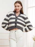 Button Down V-Neck Striped Cardigan - Amexza