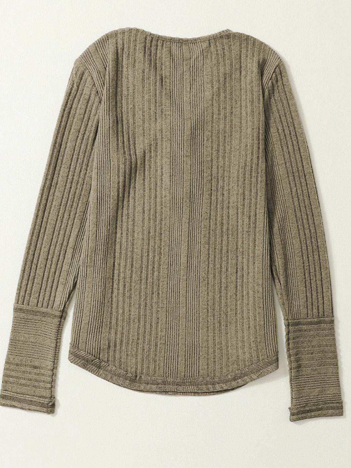 Textured V-Neck Long Sleeve T-Shirt - Amexza