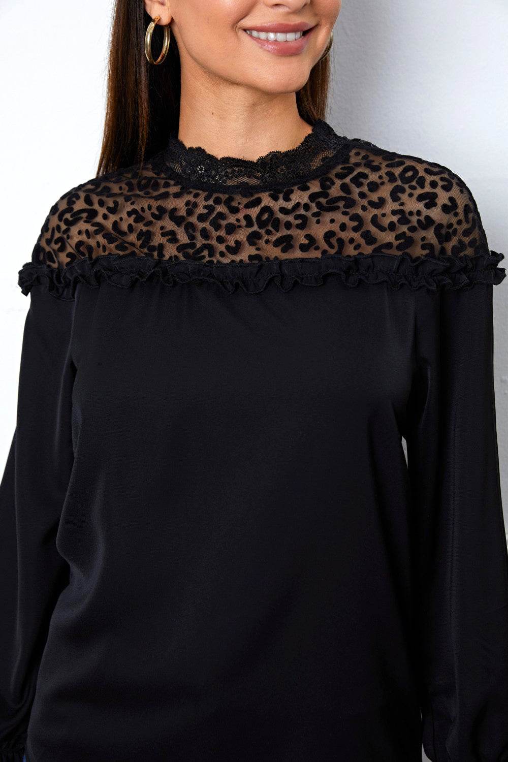 Leopard Frill Flounce Sleeve Blouse - Amexza