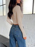 Buttoned V-Neck Long Sleeve T-Shirt - Amexza