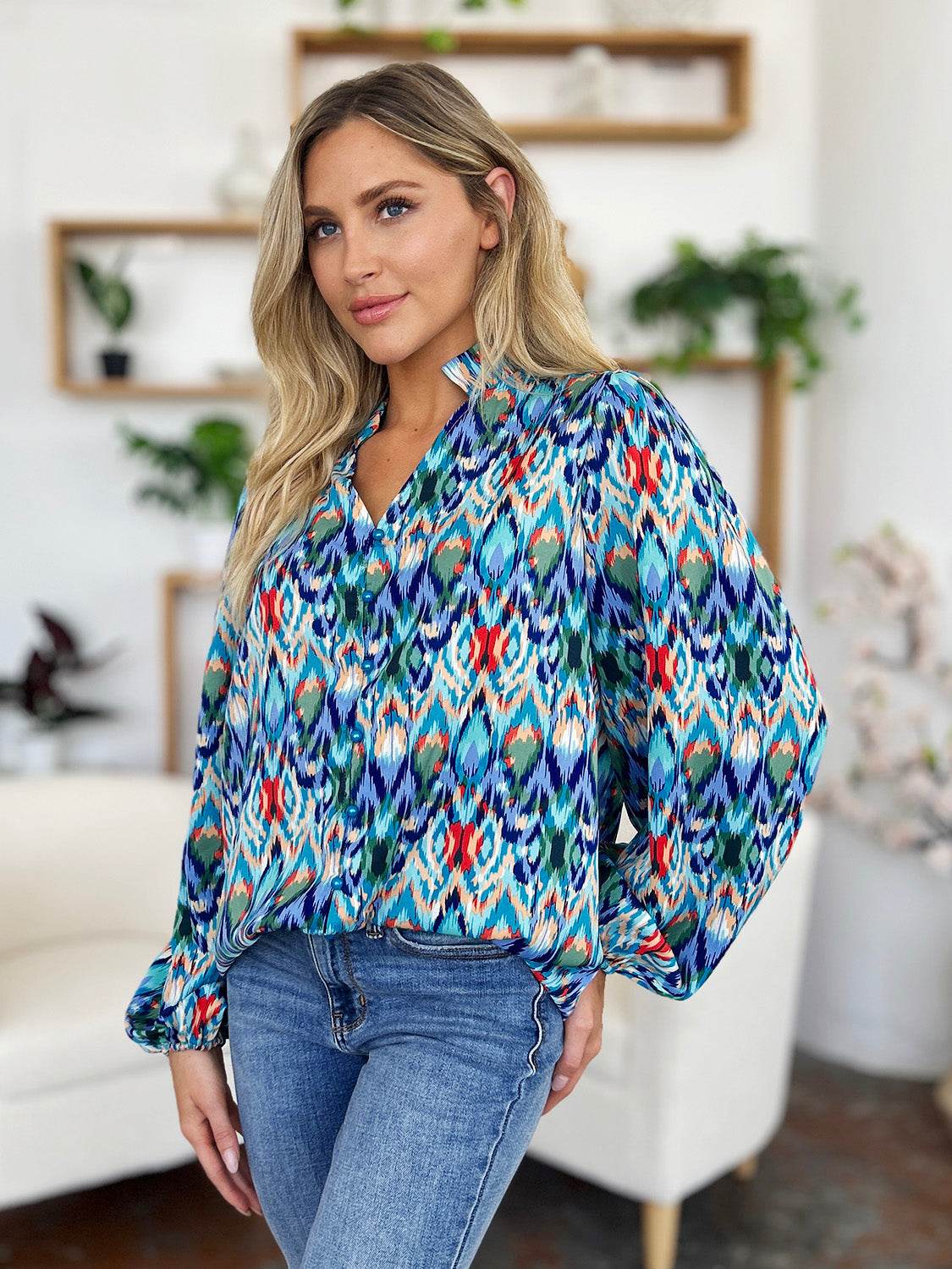 Double Take Full Size Printed Balloon Sleeve Blouse - Amexza