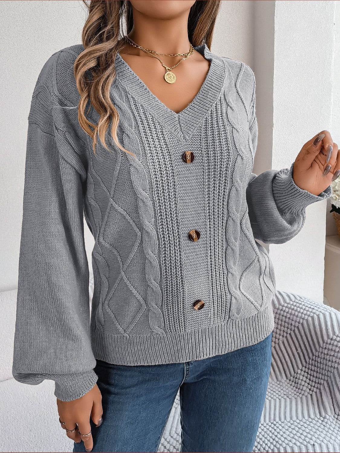 Cable-Knit Buttoned V-Neck Sweater for a perfect OOTD – dress to impress outfits from Amexza