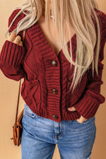 Cable-Knit Button Down V-Neck Cardigan - Amexza