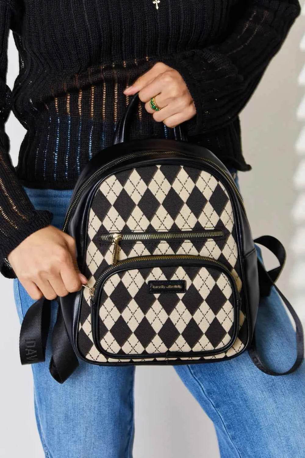 David Jones Argyle Pattern PU Leather Backpack Black One Size for a perfect OOTD – dress to impress outfits from Amexza