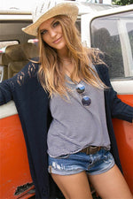 Openwork Side Slit Open Front Long Sleeve Cardigan - Amexza