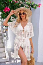 Openwork Tie Waist Cover Up White for a perfect OOTD – dress to impress outfits from Amexza