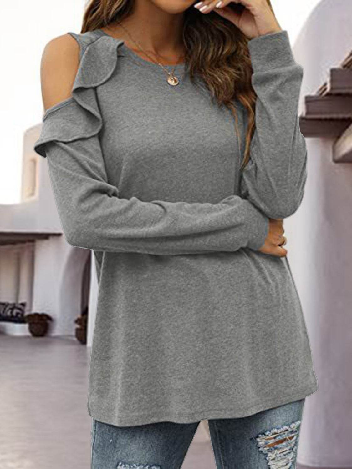 Round Neck Ruffled Cold-Shoulder Blouse - Amexza