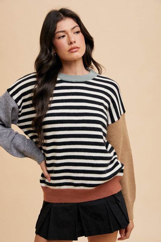 Annie Wear Striped Color Block Round Neck Sweater for a perfect OOTD – dress to impress outfits from Amexza