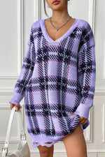 Plaid V-Neck Long Sleeve Sweater Dress for a perfect OOTD – dress to impress outfits from Amexza