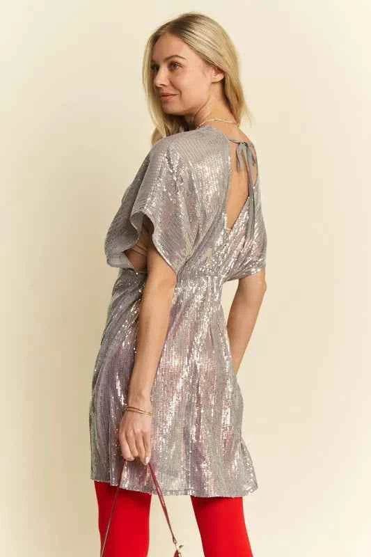 Davi & Dani Sequin Plunge Neck Knot Cut Out Tie Back Party Dress for a perfect OOTD – dress to impress outfits from Amexza