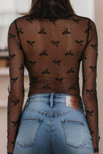 Bow Round Neck Sheer Top - Amexza