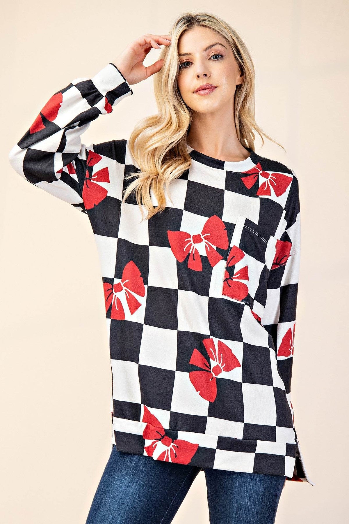 Celeste Full Size Checkered Bow Print Round Neck T-Shirt - Amexza