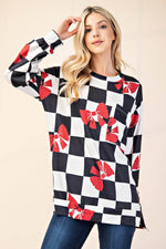 Celeste Full Size Checkered Bow Print Round Neck T-Shirt - Amexza
