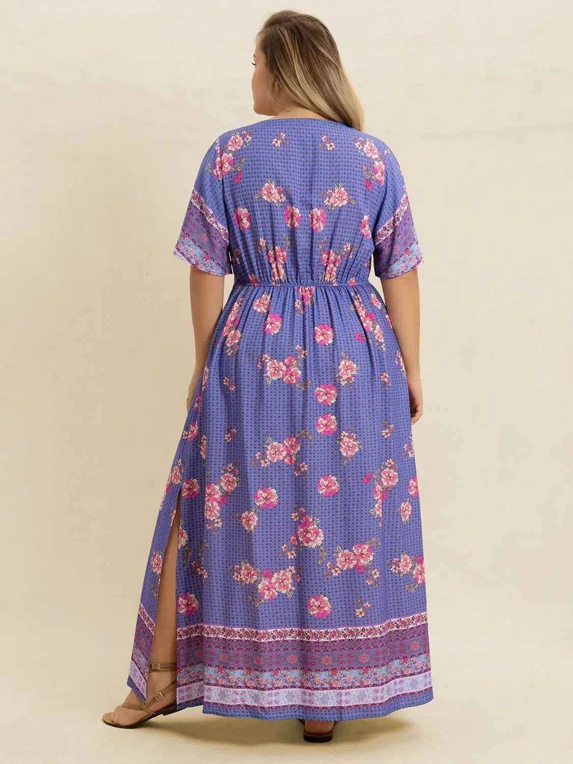 Plus Size Printed V-Neck Flutter Sleeve Dress for a perfect OOTD – dress to impress outfits from Amexza