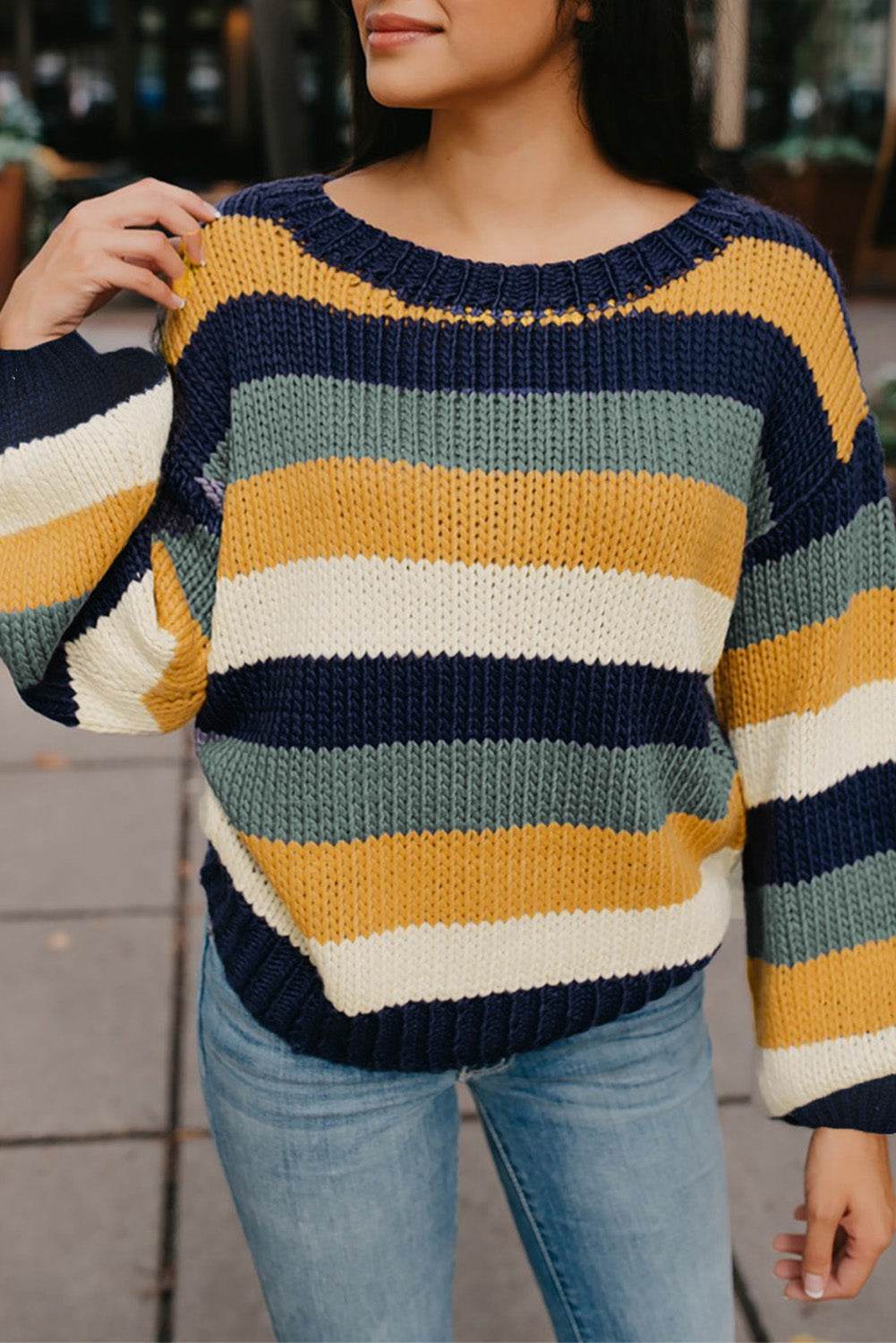 Color Block Round Neck Dropped Shoulder Sweater for a perfect OOTD – dress to impress outfits from Amexza