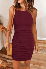 Ruched Round Neck Sleeveless Dress Burgundy for a perfect OOTD – dress to impress outfits from Amexza