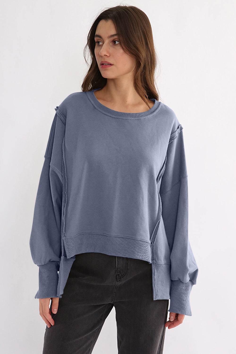 Exposed Seam High-Low Long Sleeve Sweatshirt for a perfect OOTD – dress to impress outfits from Amexza
