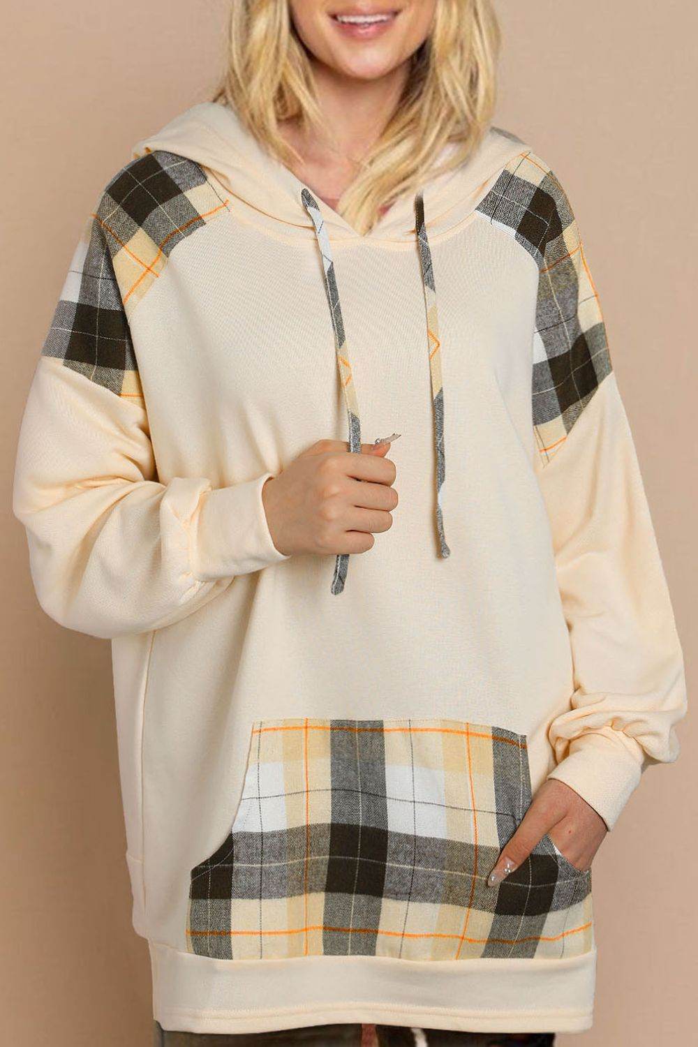 Drawstring Plaid Long Sleeve Hoodie Cream for a perfect OOTD – dress to impress outfits from Amexza