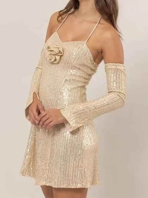 HYFVE Sequin Rosette Halter Mini Dress for a perfect OOTD – dress to impress outfits from Amexza