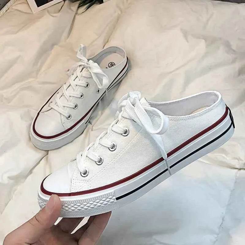 Round Toe Lace-Up Canvas Sneakers White for a perfect OOTD – dress to impress outfits from Amexza
