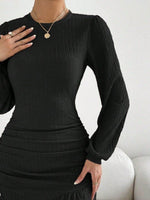 Ruffled Round Neck Long Sleeve Mini Dress - Amexza