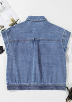 Button Up Cap Sleeve Denim Jacket - Amexza