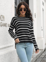 Striped Round Neck Dropped Shoulder Sweater Black for a perfect OOTD – dress to impress outfits from Amexza