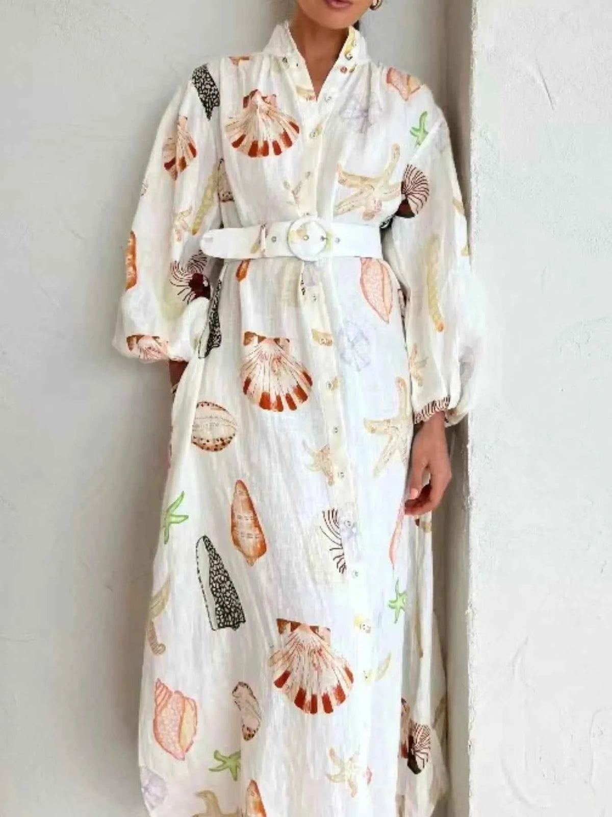 Printed Balloon Sleeve Maxi Shirt Dress