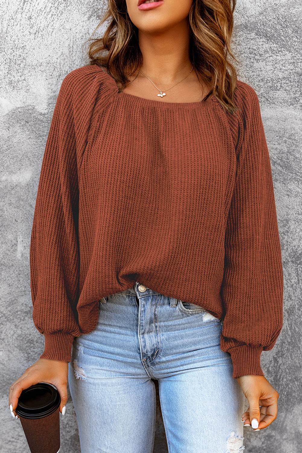 Square Neck Waffle-Knit Top - Amexza