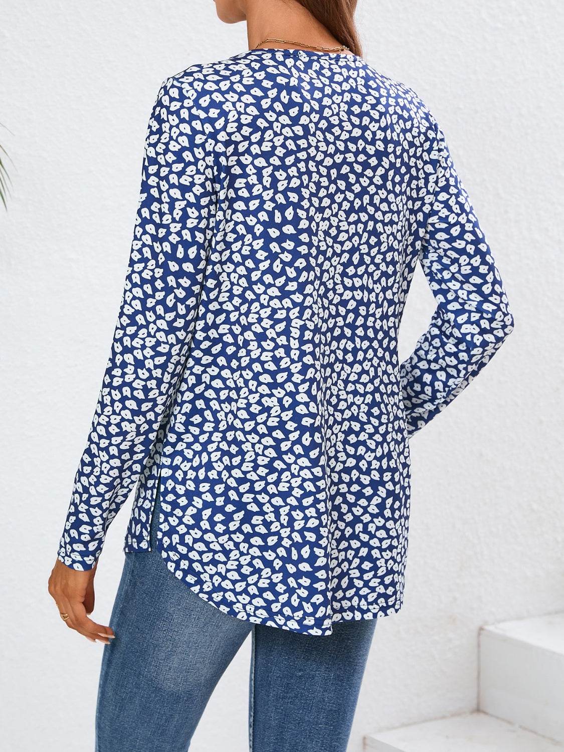Quarter Button Printed Round Neck Long Sleeve Top - Amexza