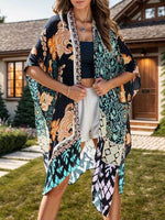 Printed Open Front Cover-Up Black One Size for a perfect OOTD – dress to impress outfits from Amexza