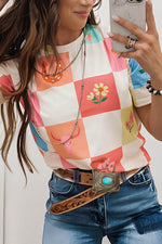 Checker Print Round Neck Short Sleeve T-Shirt - Amexza