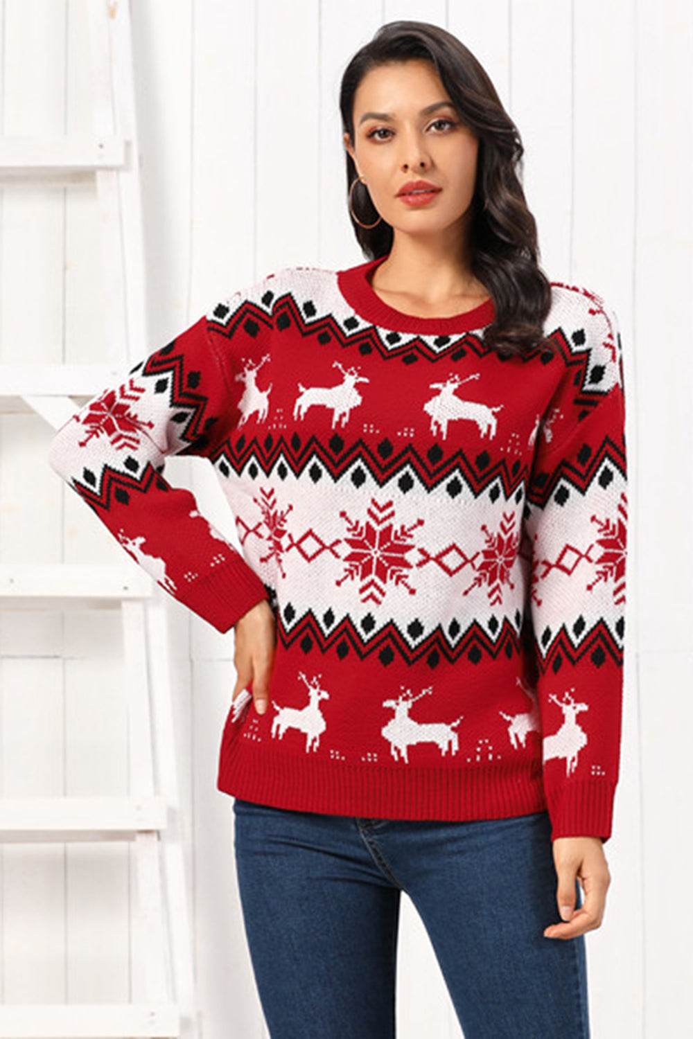 Reindeer Round Neck Sweater for a perfect OOTD – dress to impress outfits from Amexza