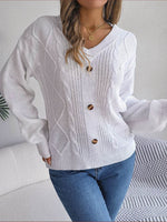 Cable-Knit Buttoned V-Neck Sweater for a perfect OOTD – dress to impress outfits from Amexza