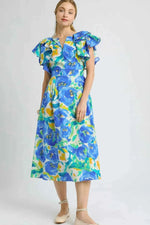 Umgee Floral Ruffled Cap Sleeve Midi Dress
