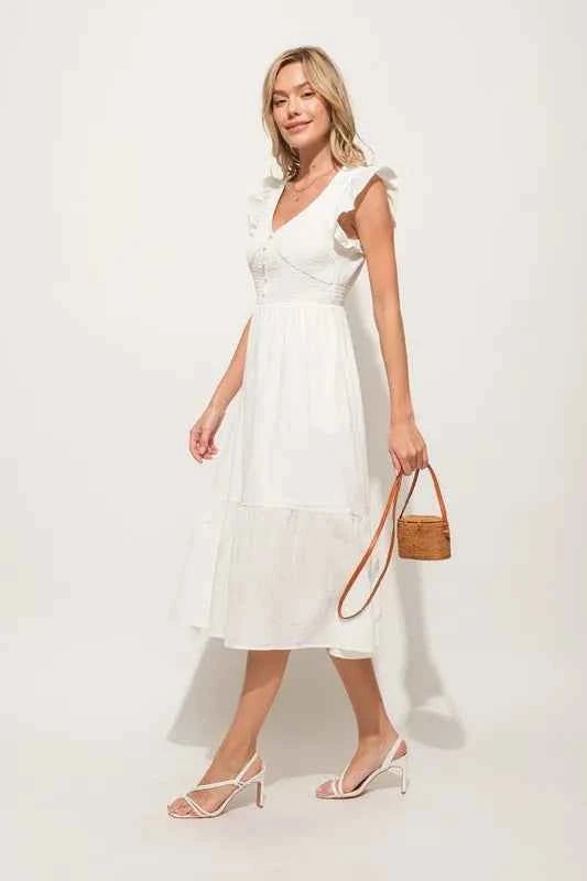 And The Why Ruffle Sleeve Front Smocked Tiered Midi Dress