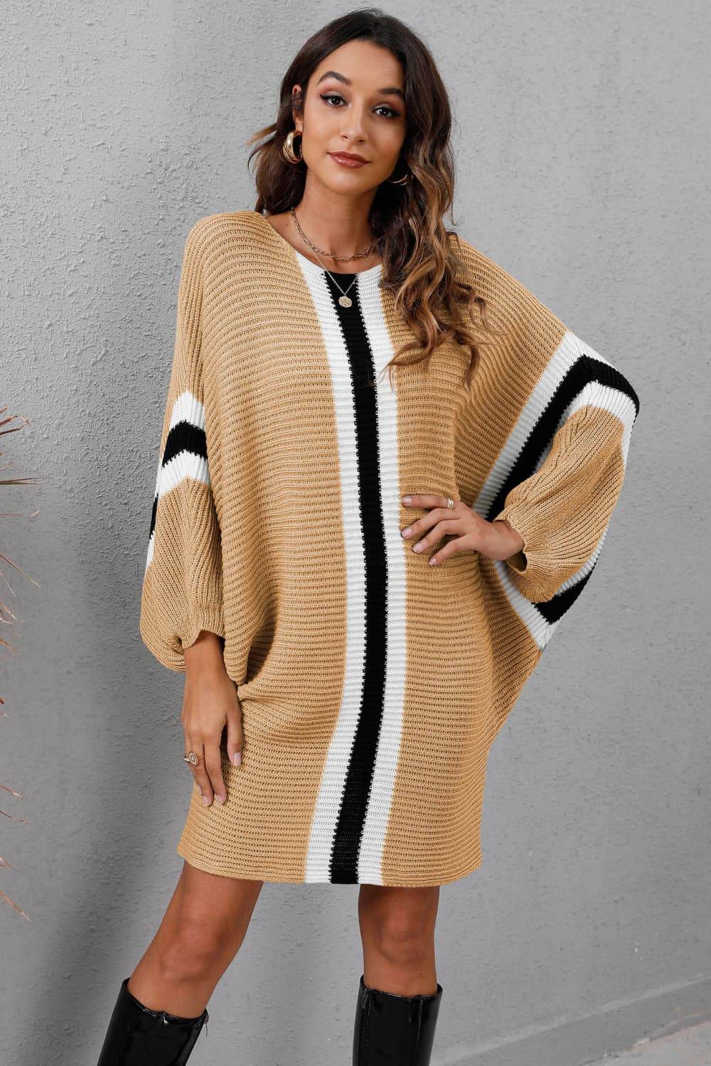 Ribbed Round Neck Long Sleeve Sweater Dress Khaki for a perfect OOTD – dress to impress outfits from Amexza