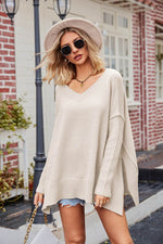 V-Neck Slit Exposed Seam Sweater for a perfect OOTD – dress to impress outfits from Amexza