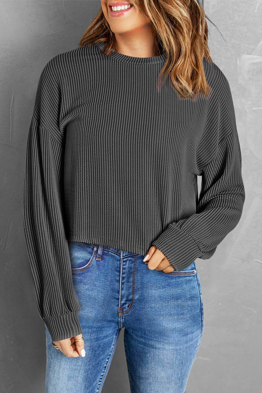 Round Neck Drop Shoulder Long Sleeve Top - Amexza