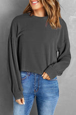 Round Neck Drop Shoulder Long Sleeve Top - Amexza