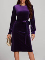 Round Neck Tie Waist Long Sleeve Velvet Dress Violet for a perfect OOTD – dress to impress outfits from Amexza