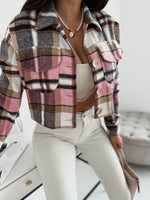 Pocketed Collared Neck Long Sleeve Plaid Jacket - Amexza