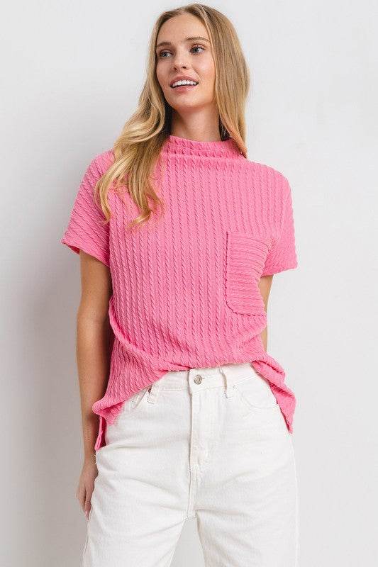Ces Femme Texture Mock Neck Short Sleeve Knit Top Hot Pink for a perfect OOTD – dress to impress outfits from Amexza