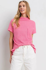 Ces Femme Texture Mock Neck Short Sleeve Knit Top Hot Pink for a perfect OOTD – dress to impress outfits from Amexza