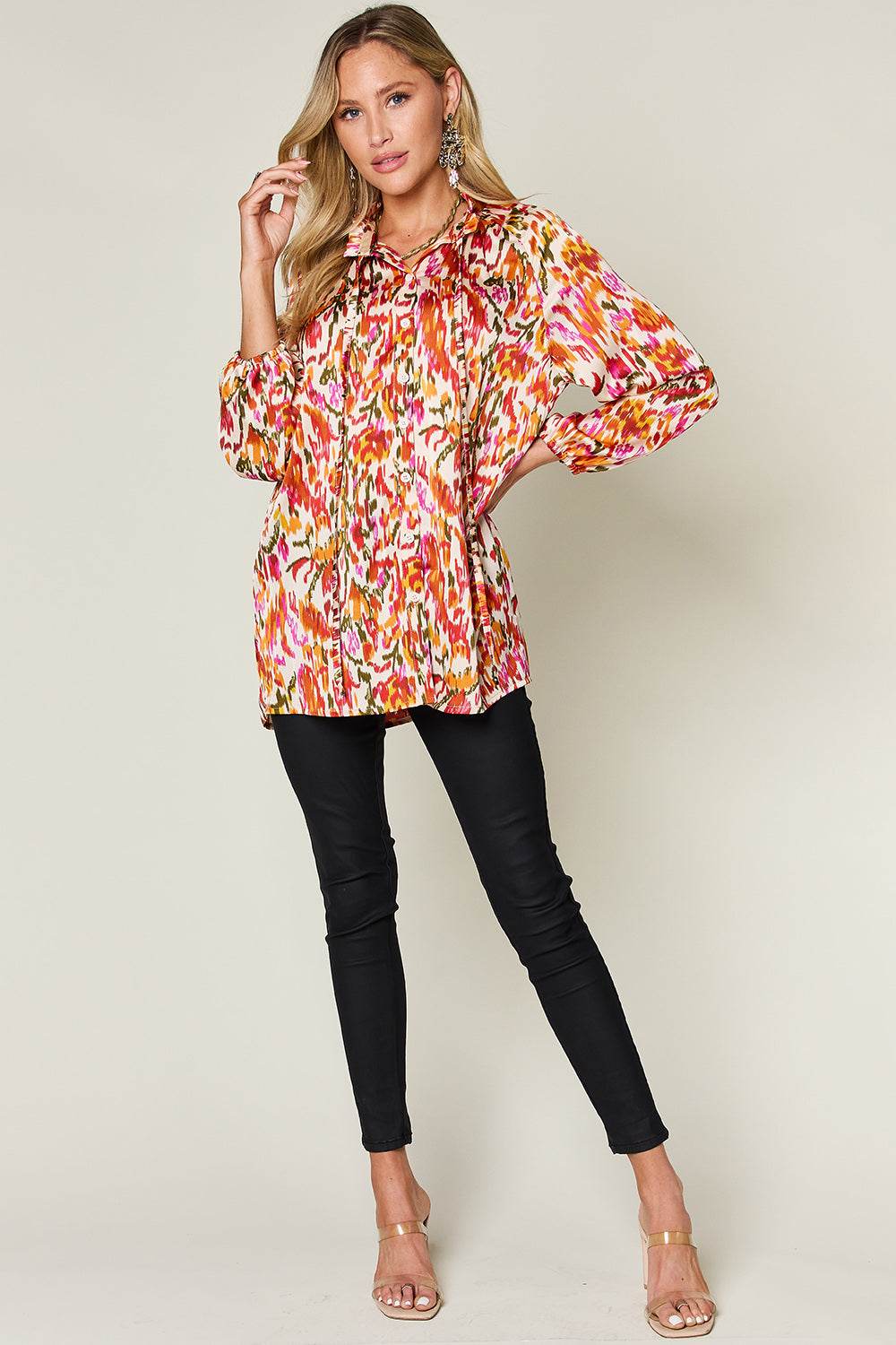 Double Take Full Size Printed Button Up Long Sleeve Shirt - Amexza