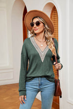 Contrast V-Neck Long Sleeve Blouse - Amexza
