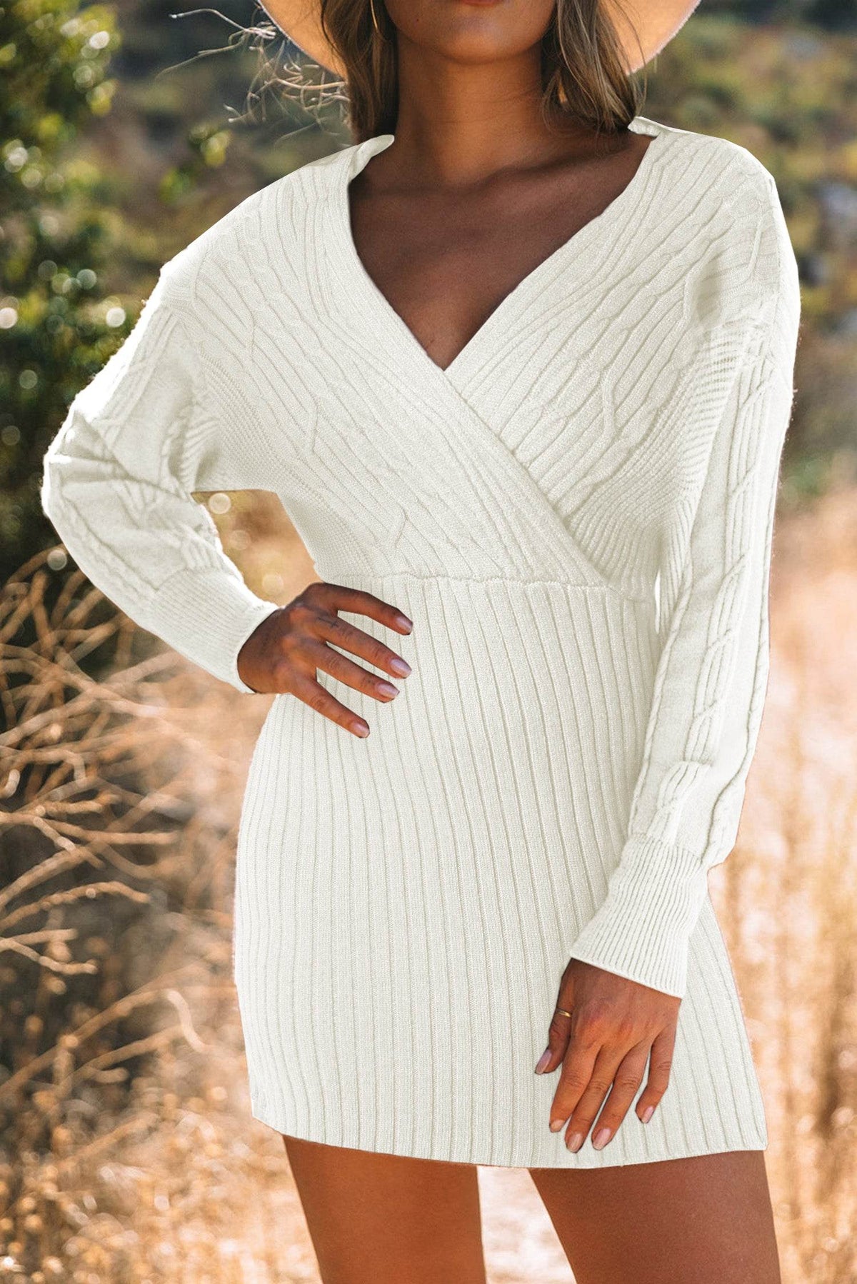 Cable-Knit Surplice Lantern Sleeve Sweater Dress for a perfect OOTD – dress to impress outfits from Amexza