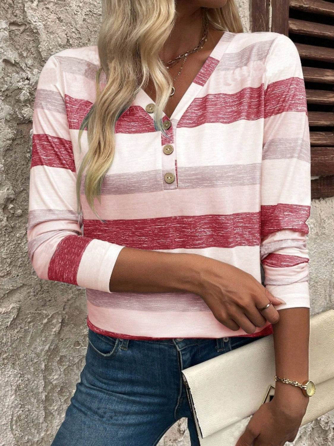 Contrast Striped V-Neck Long Sleeve T-Shirt - Amexza