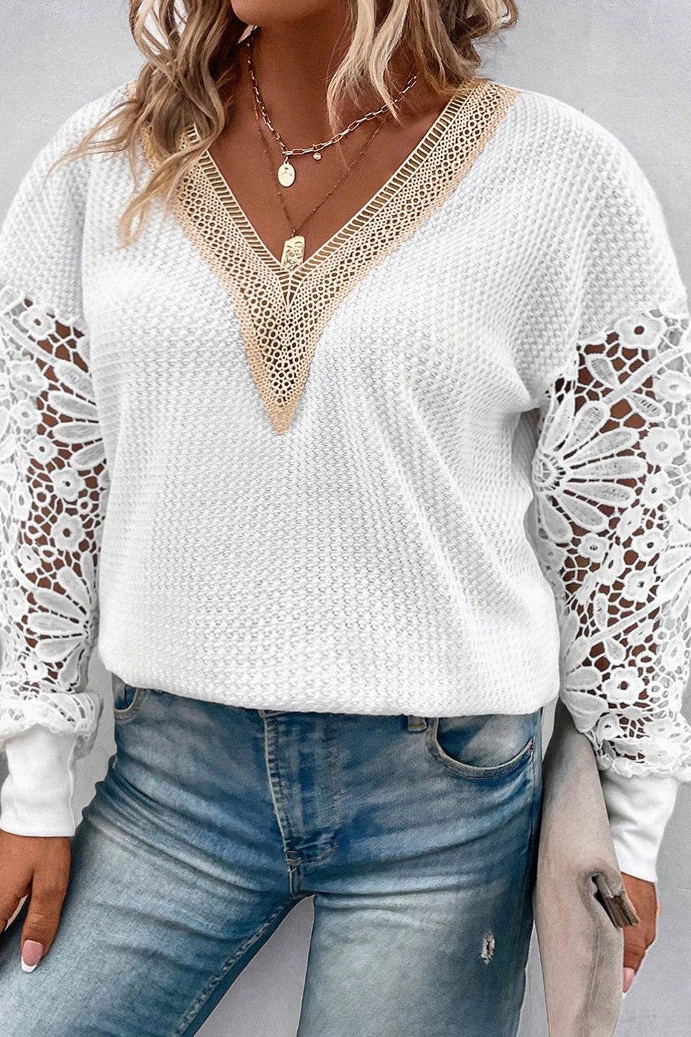 Plus Size Waffle-Knit Crochet V-Neck Blouse - Amexza