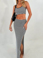 Perfee Striped Halter Neck Top and Slit Skirt Set for a perfect OOTD – dress to impress outfits from Amexza
